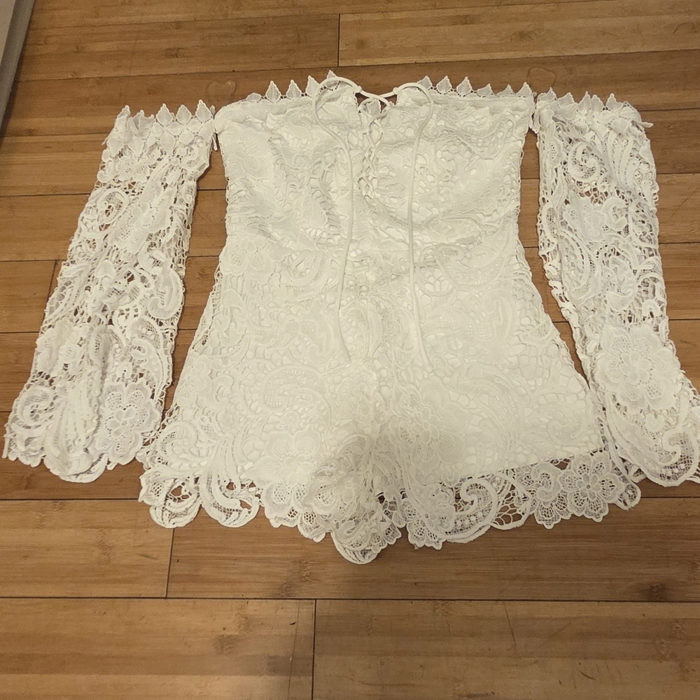 White Lace Long Sleeve Romper For Valentines Date Or Cruise Or Beach Date